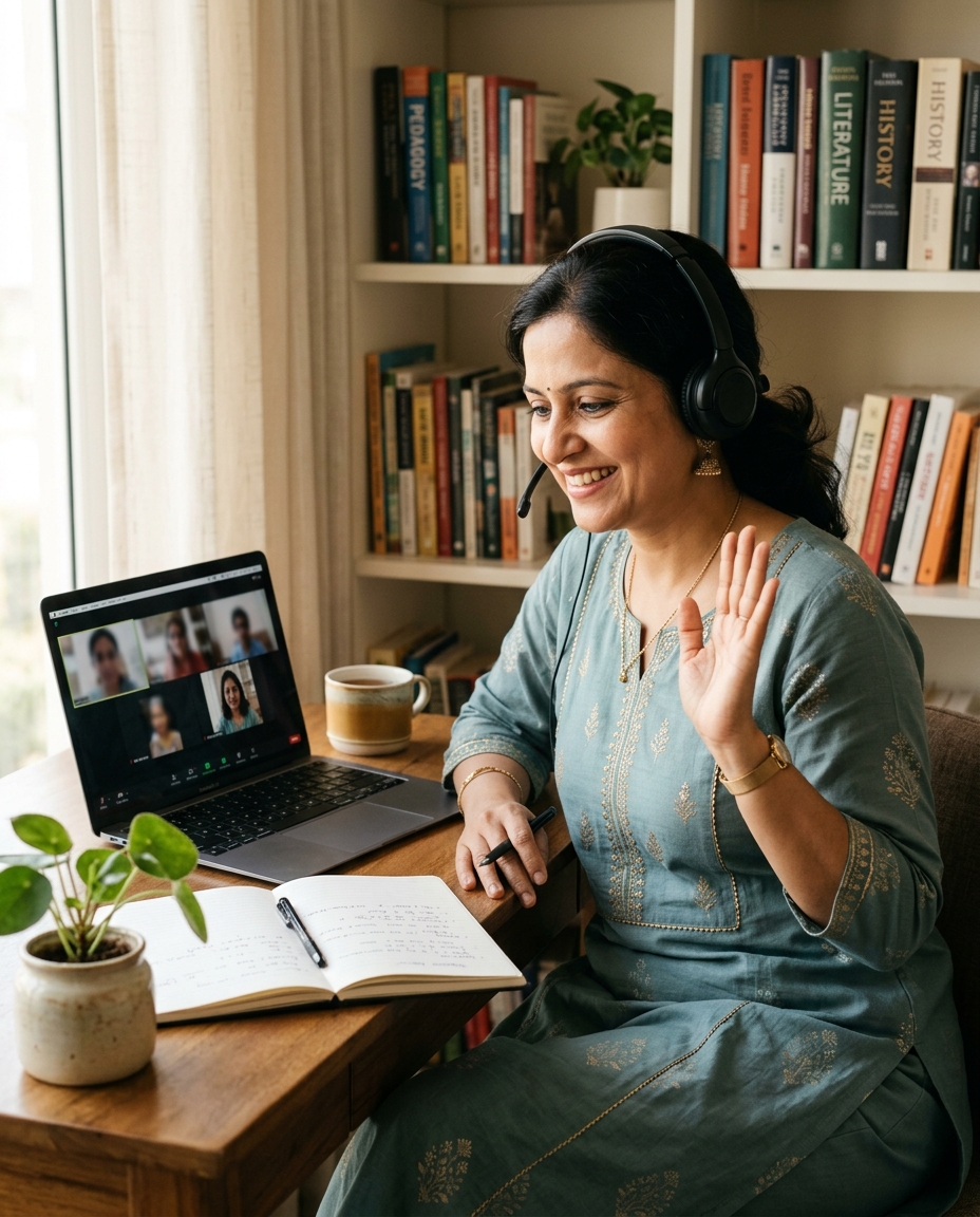 A TuteNow tutor smiling and waving while starting a live online class from her home study