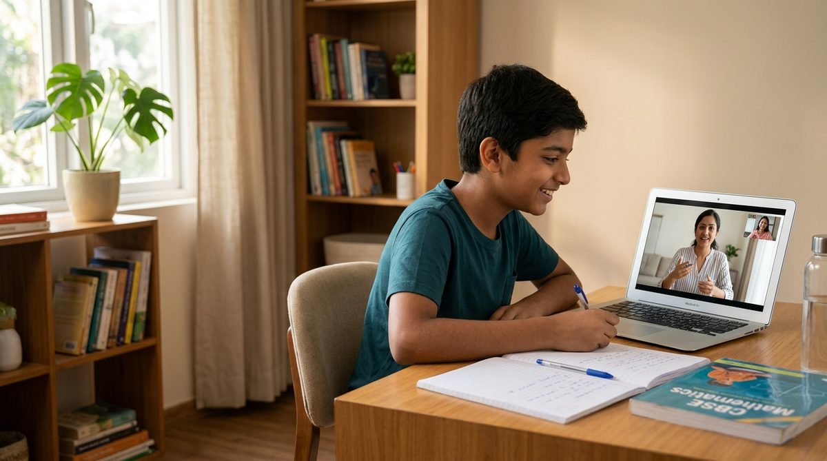 An Indian student at a desk taking notes during a one-on-one online tutoring session, with their Indian tutor visible on the laptop screen
